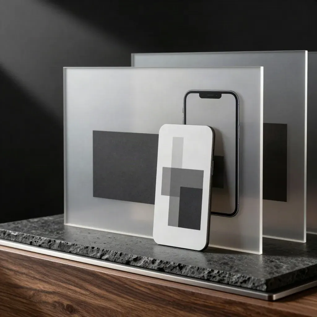Frosted acrylic website mockup panels with phone and desktop layouts on a charcoal stone plinth.