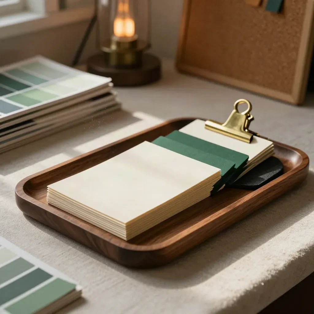 Blank cards, forest-green tabs, brass clip and walnut tray in a cozy studio corner