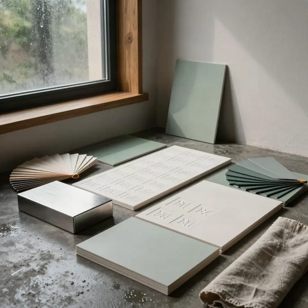 Studio corner with brand refresh materials in moody rain-lit cinematic light.