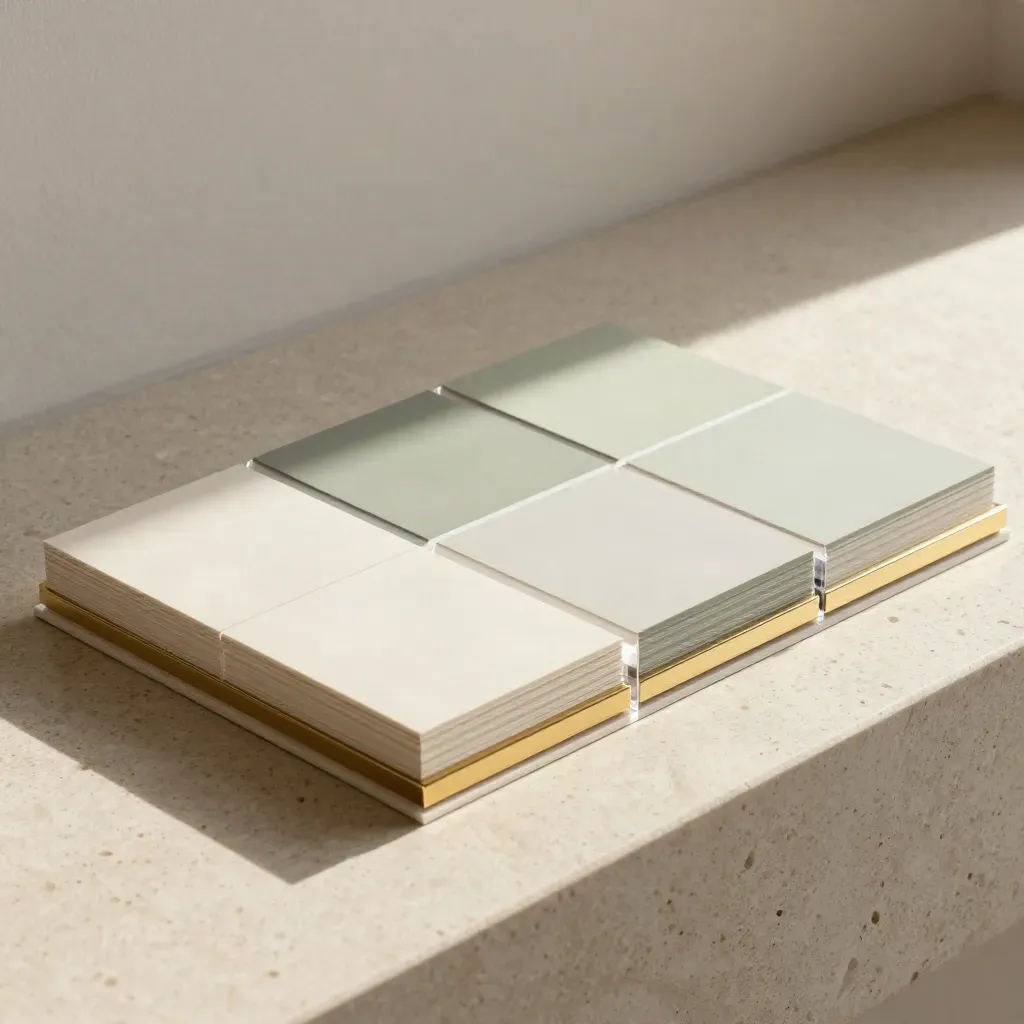 Overhead modular identity pieces on travertine with sage swatches and acrylic dividers.