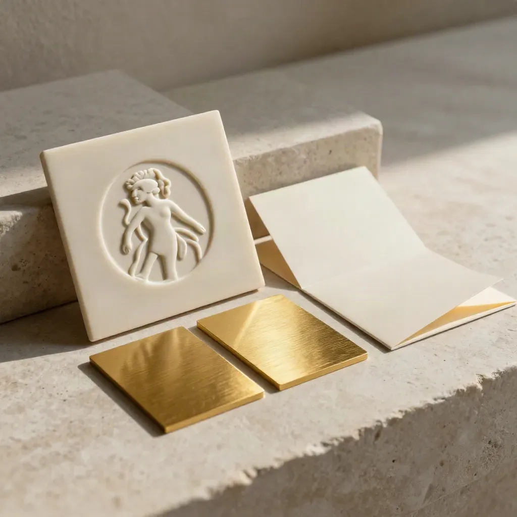 Embossed logo mark tile with foil samples and cream sleeve on pale stone in warm light.