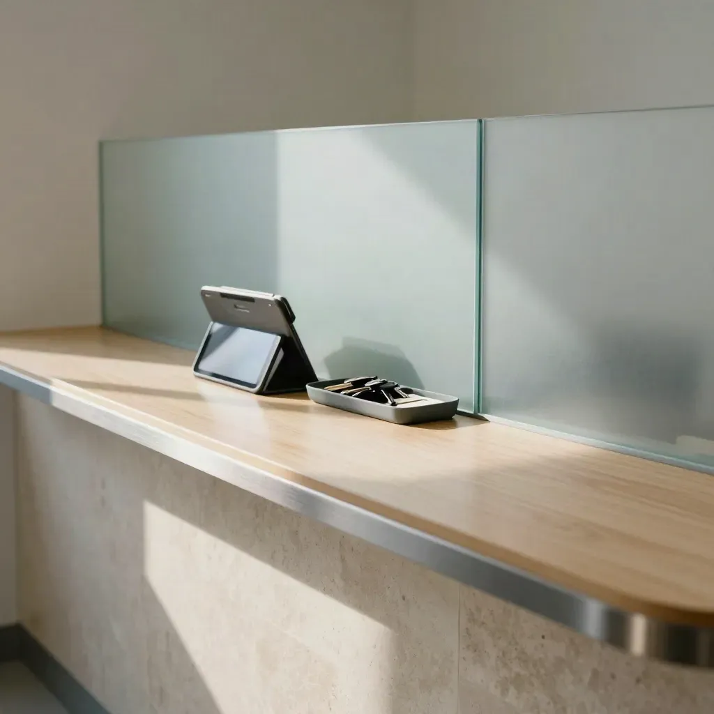 Clinic reception corner with tablet dock, counter tray, and frosted divider in soft light.