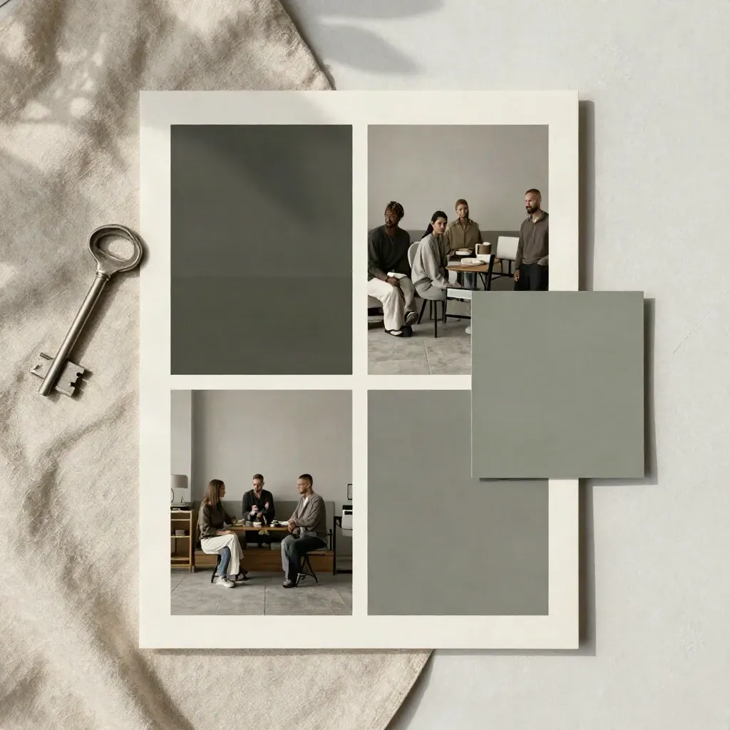 Top-down fan of social graphics boards with a muted sage accent on plaster and khaki linen.