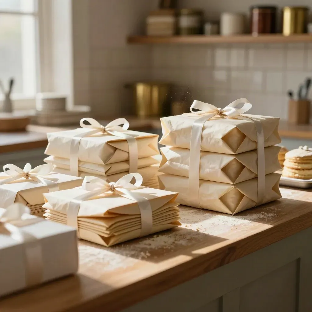 Sunlit bakery counter with cream boxes, paper bags, and ribboned parcels.
