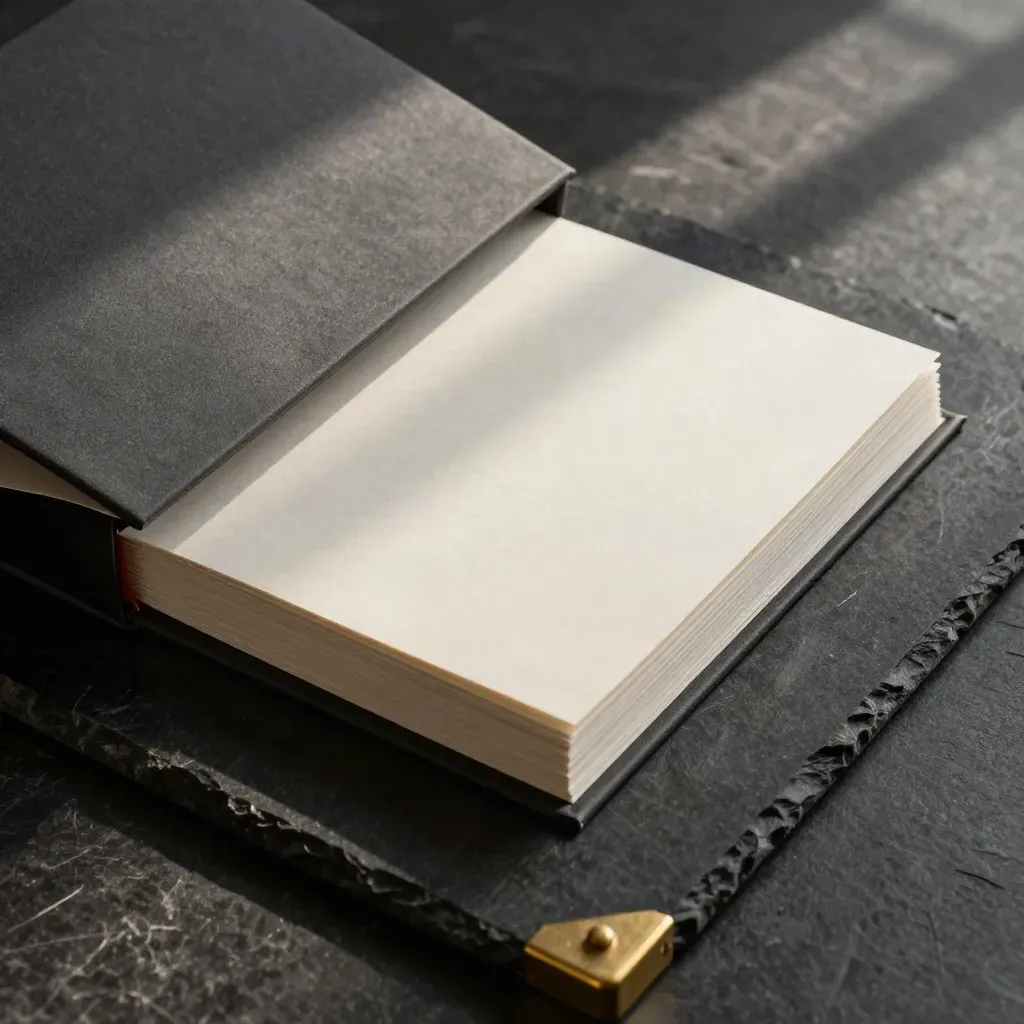 Open presentation kit with deck, divider tabs, and matte portfolio box on black stone.