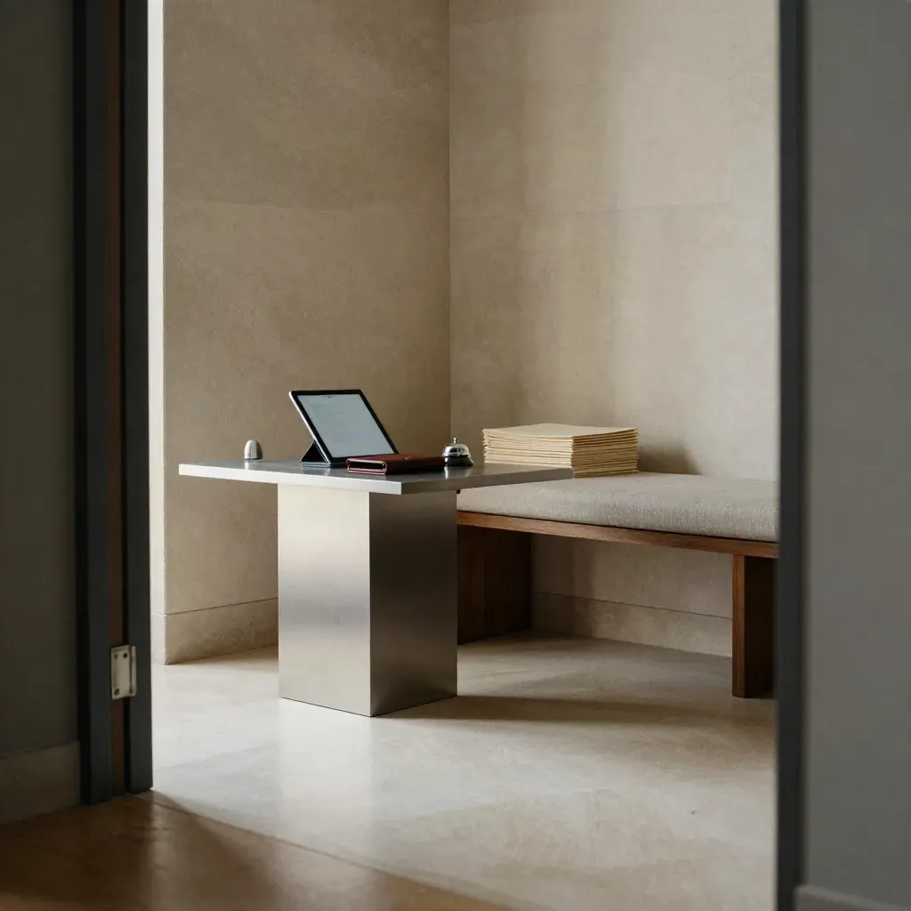 Moody law office intake nook with tablet dock, leather portfolio, bell and stone surfaces.
