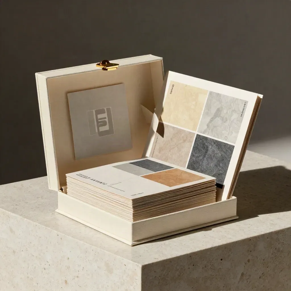 Open cream box with brand kit cards, colour chips, and a pitch deck on travertine.