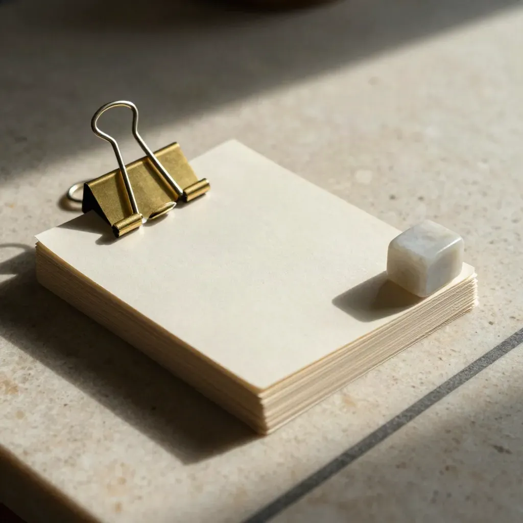 Macro of sage-tabbed strategy cards with brass clip and stone paperweight on travertine