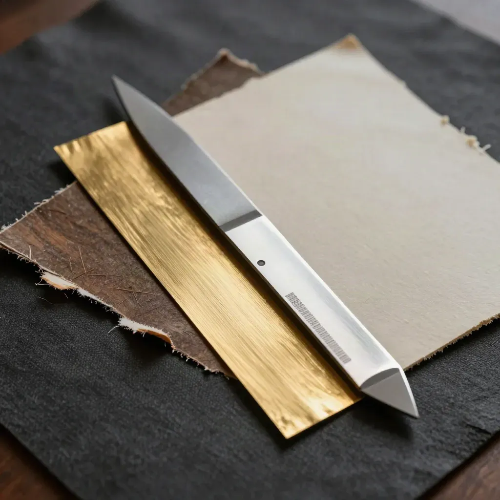 Precision blade with foil swatches and textured paper offcuts on dark linen in dramatic side light