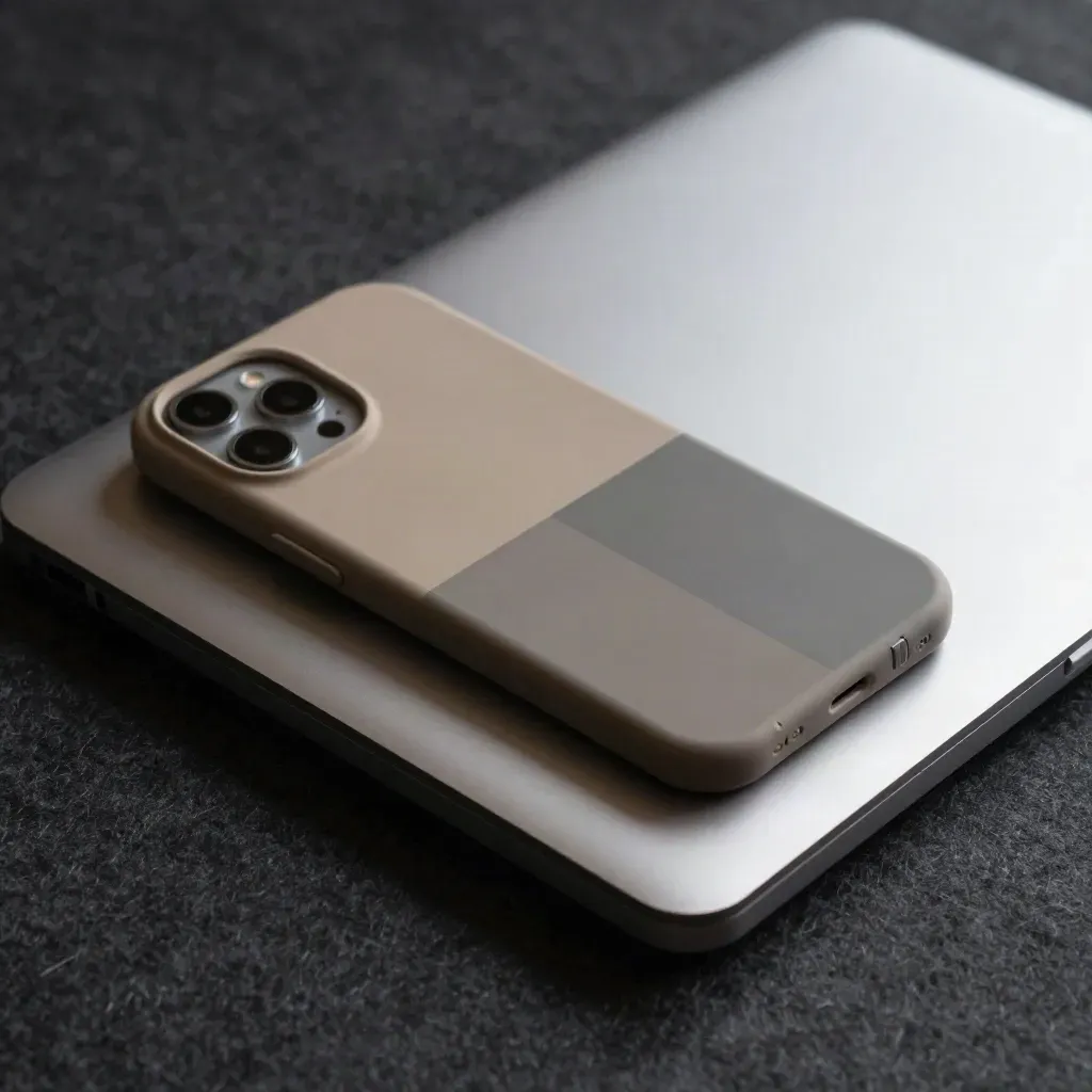 Tablet stand, closed laptop edge, and matte phone mockup shell in a close-up studio still life.