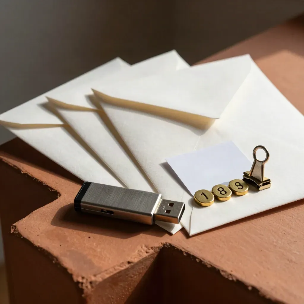 Macro of sample envelopes, tagged USB drive, steel clip and brass marker on terracotta ledge.