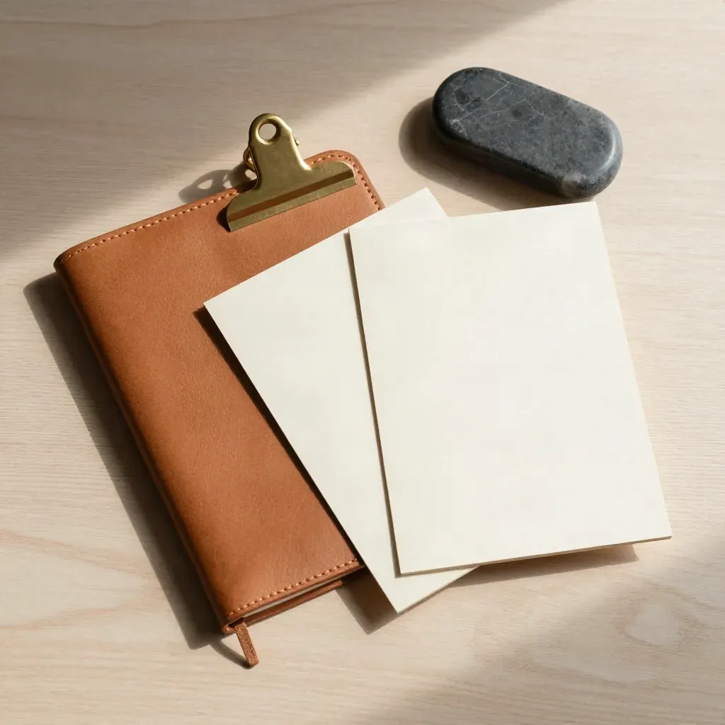 Brass clip, blank cards, stone weight, and leather notebook on pale wood in soft side light.