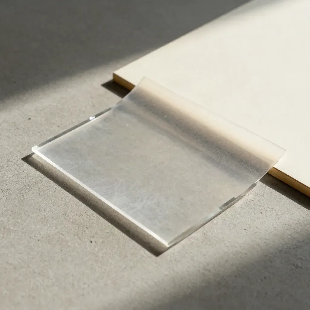 Acrylic logo sample with vellum and neutral colour chips on concrete, lit from one side.