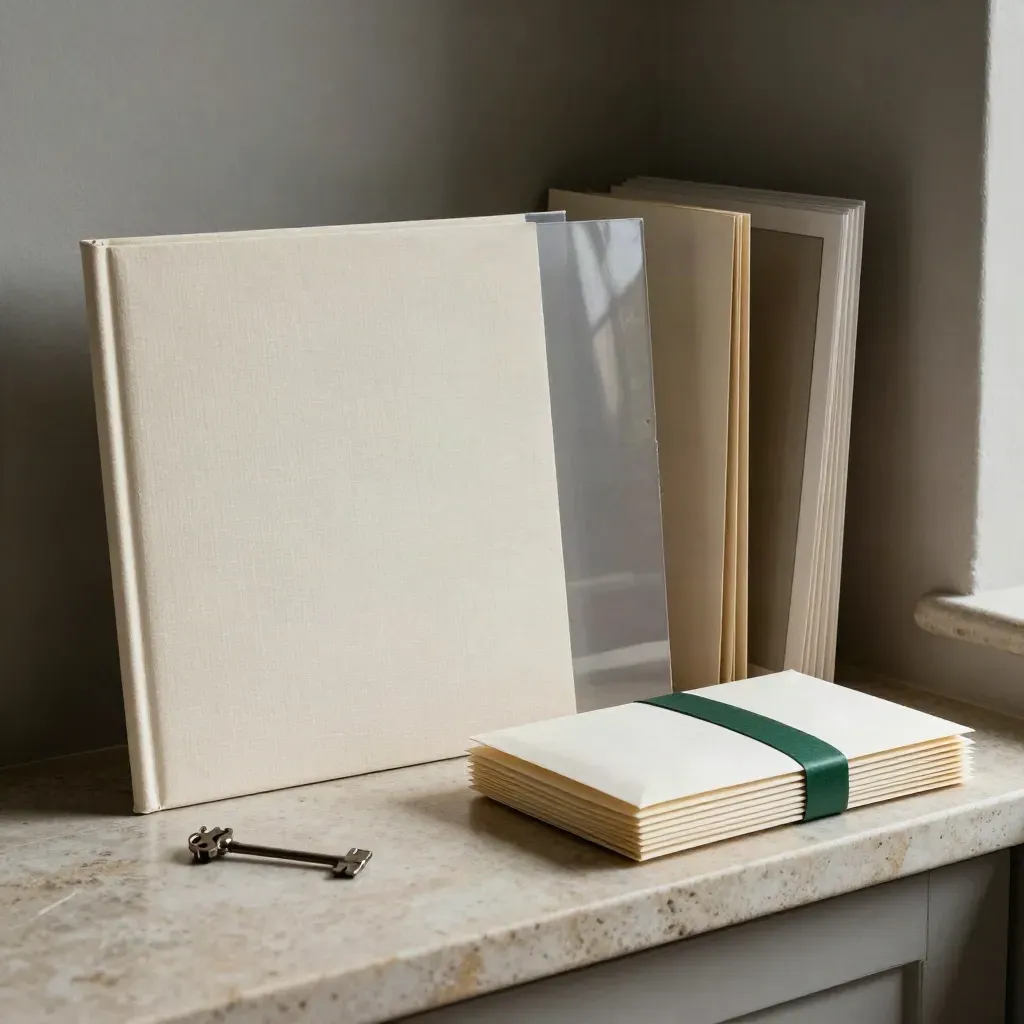Launch kit of folders, acetate sleeves, sample boards, and sealed packets on a stone ledge