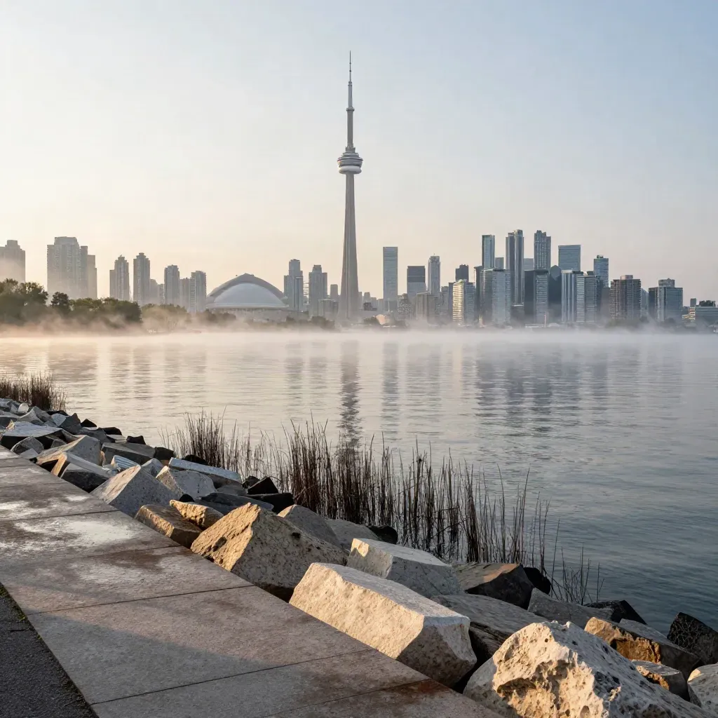 Toronto skyline and CN Tower above misty Lake Ontario at warm golden morning light