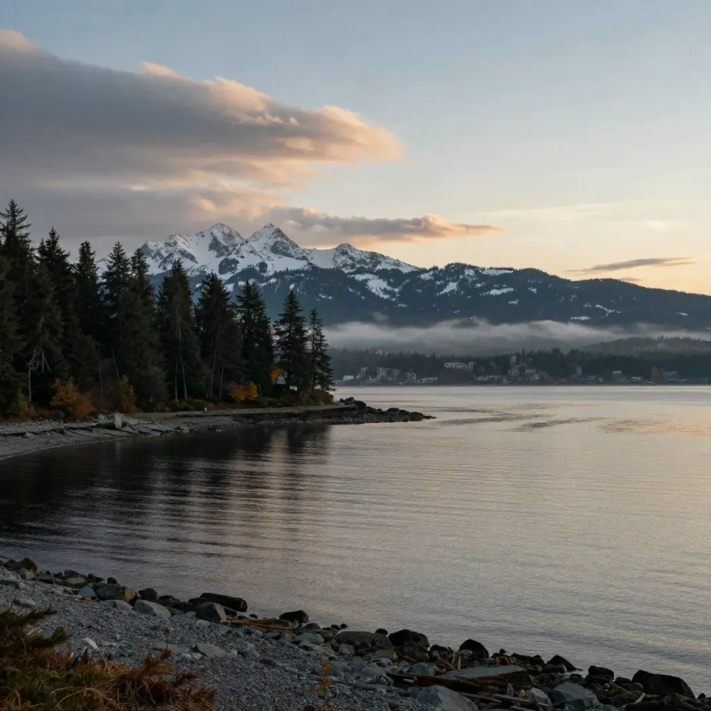 Vancouver harbor at blue hour with mist, evergreens, and mountains reappearing after a storm.