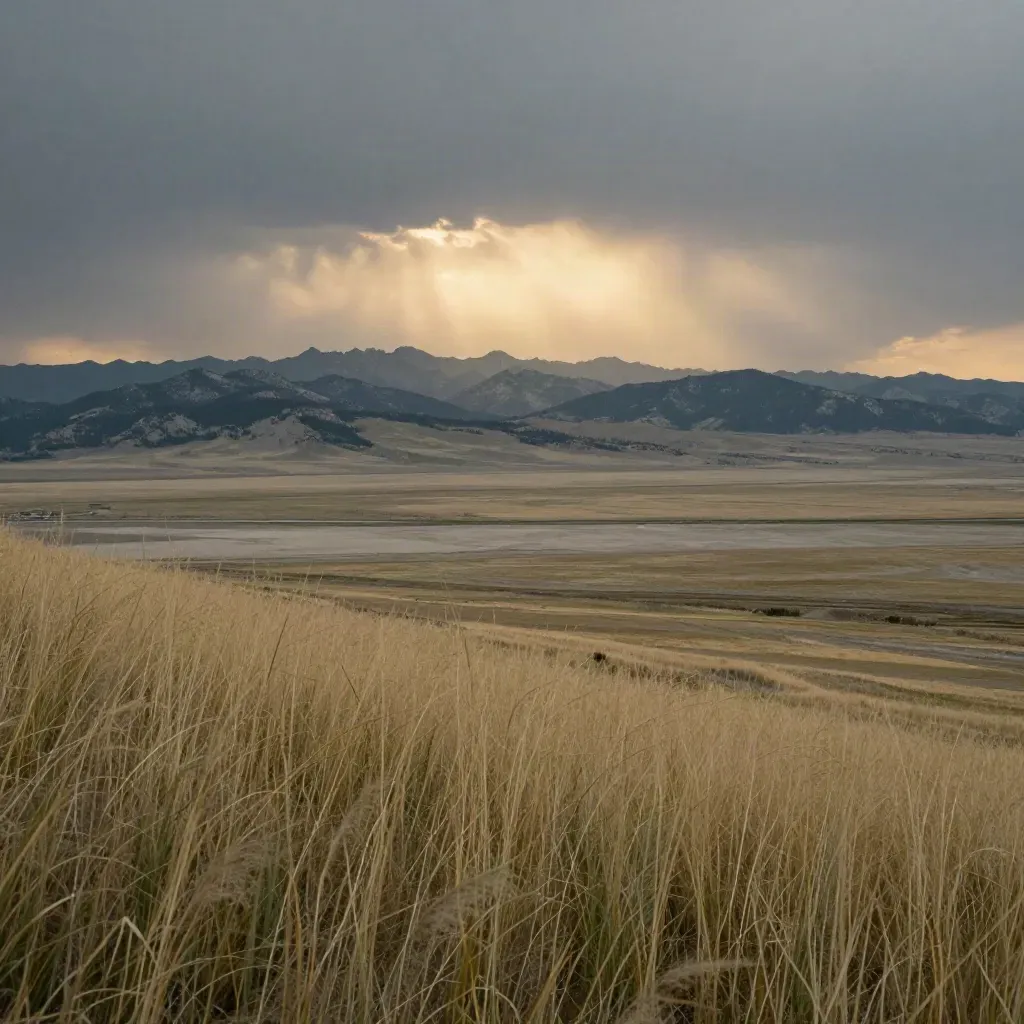 Sunset over Alberta prairie and Rockies with storm haze and a distant river line