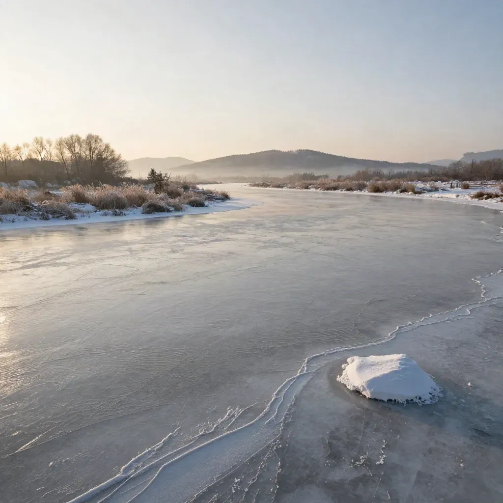 Frozen winter river basin with treeline and hazy sunrise, wide calm background